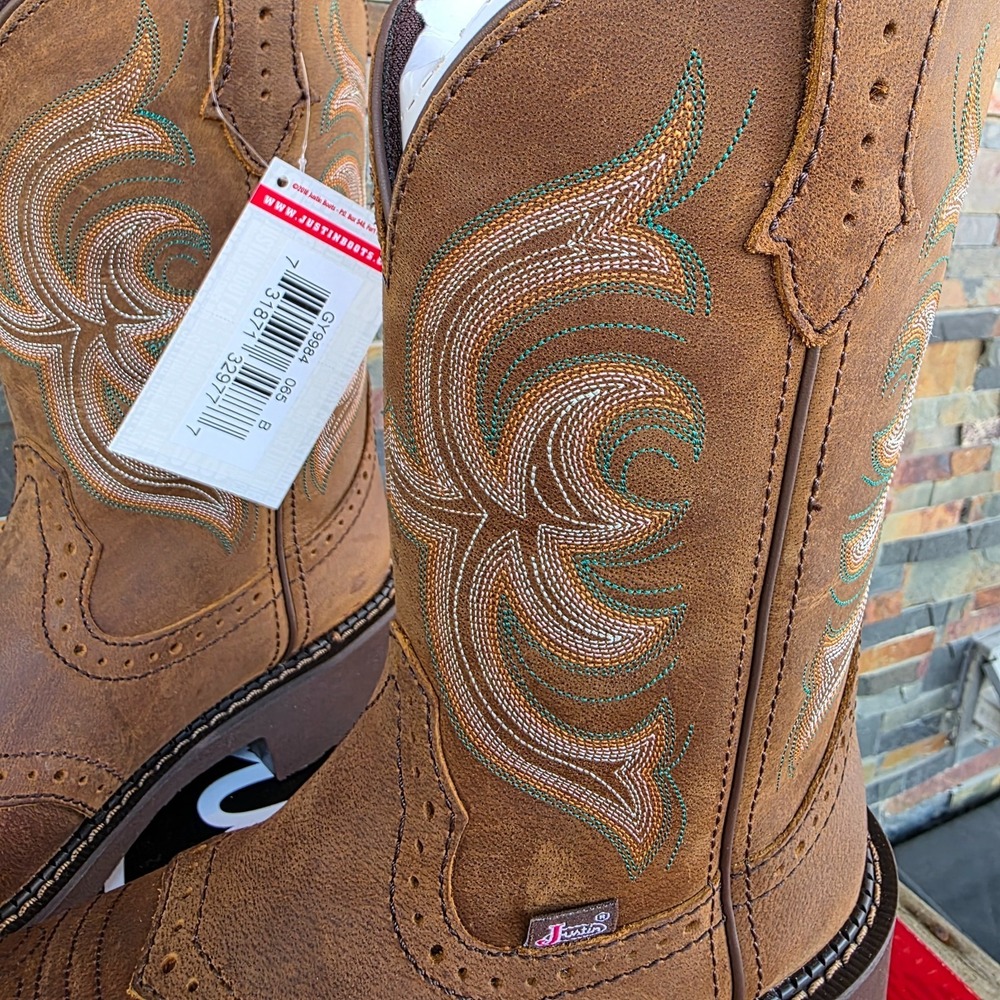 Justin Boots INJI Brown Water Buffalo Wide Square Toe Boots Size 6.5B GY9984 NEW - Picture 5 of 16